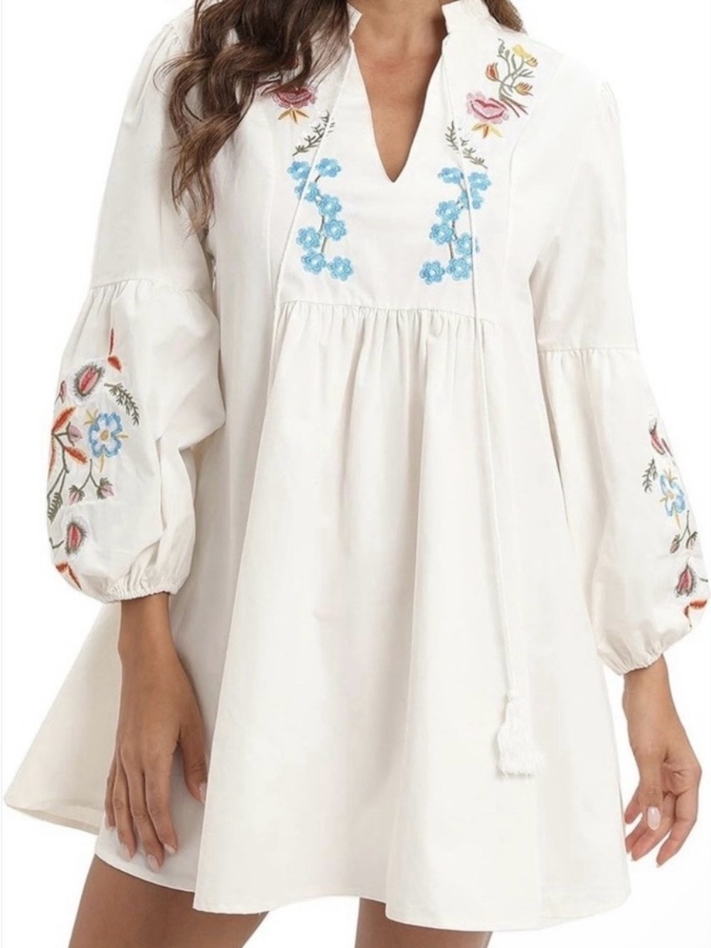 Women’s Embroidered Bohemian White Peasant Floral Blue Floral Tunic Dress/Top(L) - Picture 15 of 15